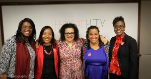 "Red for Cure" forum panelists from left to right: Niasha Fray, Dr. Kia Caldwell, Dr. Allison Mathews (forum moderator), Dr. Maya Corneille, and Dr. Bahby Banks